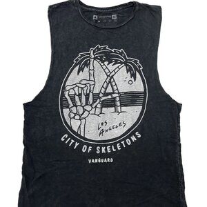 Vanguard Fashion Tank Top Shirt Mens Medium Black USA Made Cotton Beach Skeleton